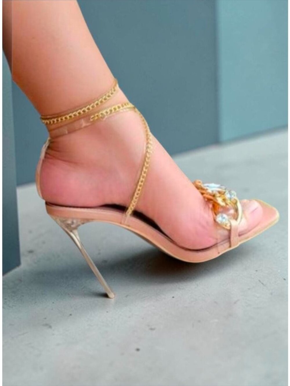 Clear Strap Stiletto Heels With Gold Chain & Crystal Embellishment For Women